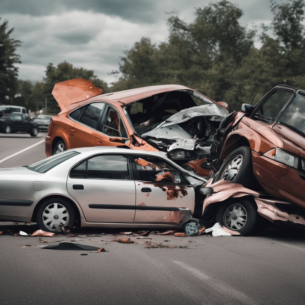 Illustration of a car accident prevention symbol with a road and traffic signs.